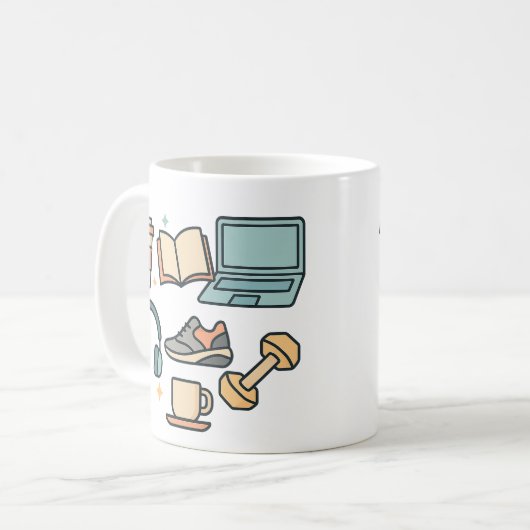 Lifestyle Icons Mok – Koffie, Studie, Fitness & We (Voorkant links)