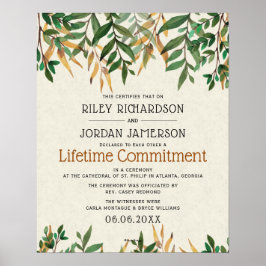 "Lifetime Commitment" Greenery Wedding Certificate Poster