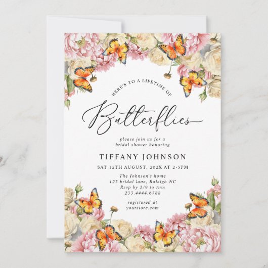 Lifetime of Butterflies Peonies Bridal Shower Kaart (Voorkant)