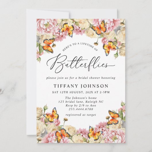 Lifetime of Butterflies Peonies Bridal Shower Kaart (Voorkant)