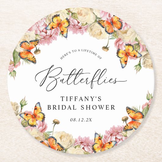 Lifetime of Butterflies Peonies Bridal Shower Ronde Kartonnen Onderzetter (Voorkant)