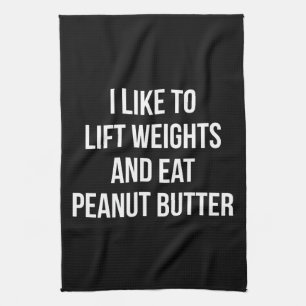 Lift gewichten en eten pindakaas - body building theedoek