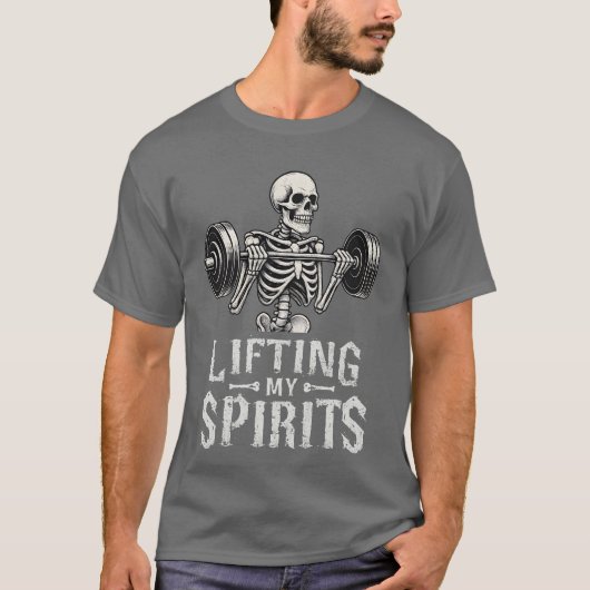 Lifting My Spirits Bodybuilding Skeleton Funny Gym T-shirt (Voorkant)
