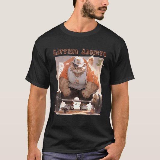 Lifting verslaafden grappige kat bodybuilder train t-shirt (Voorkant)