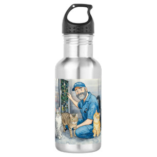 Liftmonteur met zijn katten waterfles