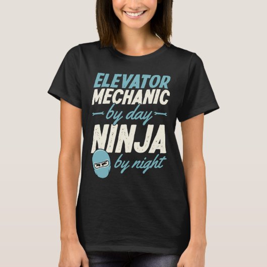 Liftmonteur overdag, ninja 's nachts t-shirt (Voorkant)