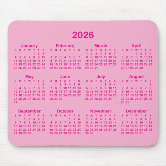 Light and Hot Pink 2026 Calendar Muismat (Voorkant)
