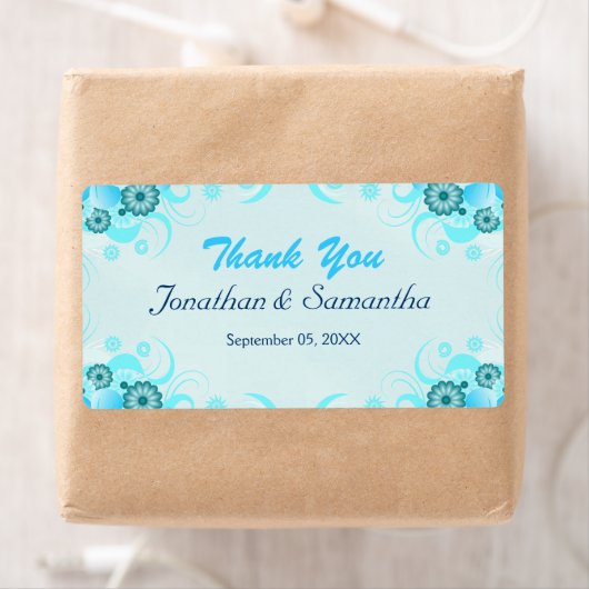 Light Aqua Blue Blauwgroen Floral Large Wedding Fa Etiket (Insitu)