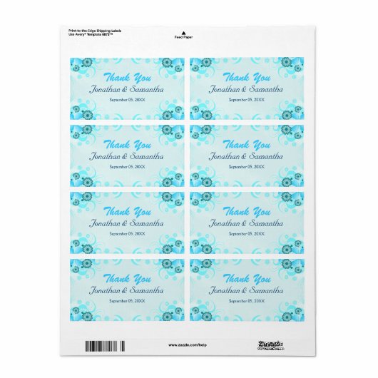 Light Aqua Blue Blauwgroen Floral Large Wedding Fa Etiket (Full Sheet)