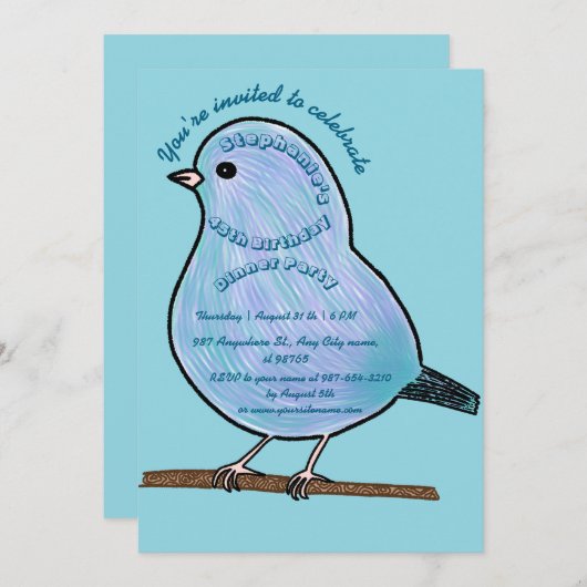 Light Azure 45th Birthday Cute Bird Dinner Party  Kaart (Voorkant / Achterkant)