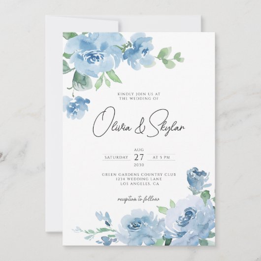 Light Baby Blue Botanical QR in één bruiloft Kaart (Voorkant)