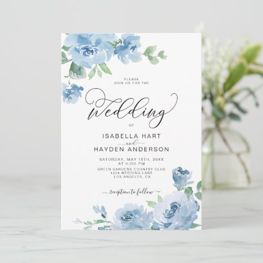 Light Baby Blue Elegant Floral Botanical Wedding Kaart (Staand voorkant)