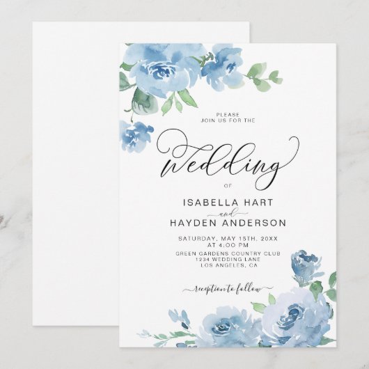 Light Baby Blue Elegant Floral Botanical Wedding Kaart (Voorkant / Achterkant)