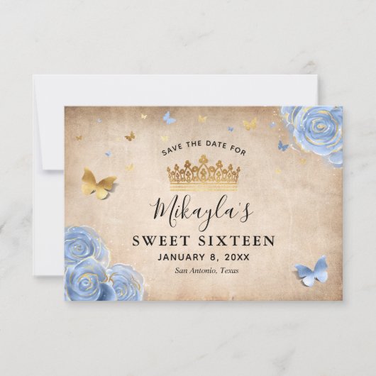 Light Baby Blue en Gold Roos Elegant Save The Date (Voorkant)