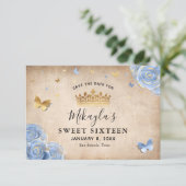 Light Baby Blue en Gold Roos Elegant Save The Date (Staand voorkant)