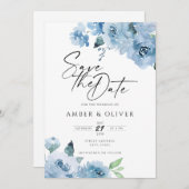 Light Baby Blue Floral Flowers Boho Save the Date Kaart (Voorkant / Achterkant)