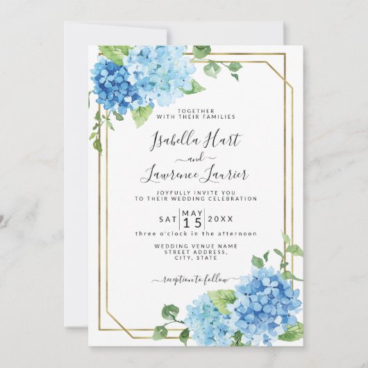 Light Baby Blue Floral Hydrangea Gold Wedding Kaart (Voorkant)