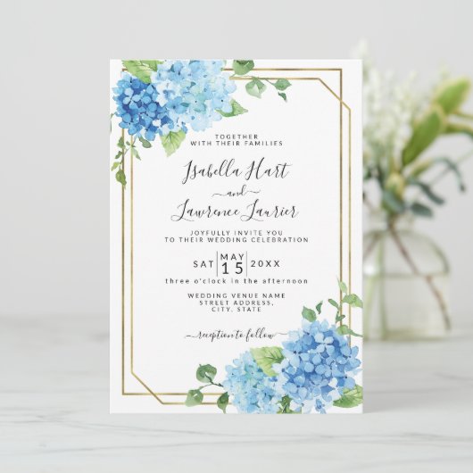 Light Baby Blue Floral Hydrangea Gold Wedding Kaart (Staand voorkant)