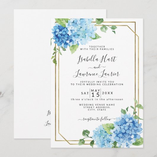 Light Baby Blue Floral Hydrangea Gold Wedding Kaart (Voorkant / Achterkant)