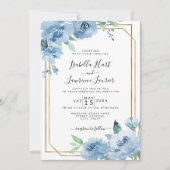 Light Baby Blue Floral Waterverf Gold Wedding Kaart (Voorkant)