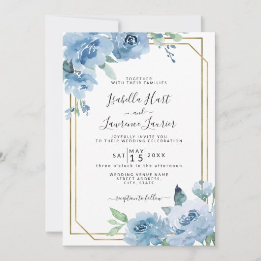 Light Baby Blue Floral Waterverf Gold Wedding Kaart (Voorkant)