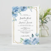 Light Baby Blue Floral Waterverf Gold Wedding Kaart (Staand voorkant)