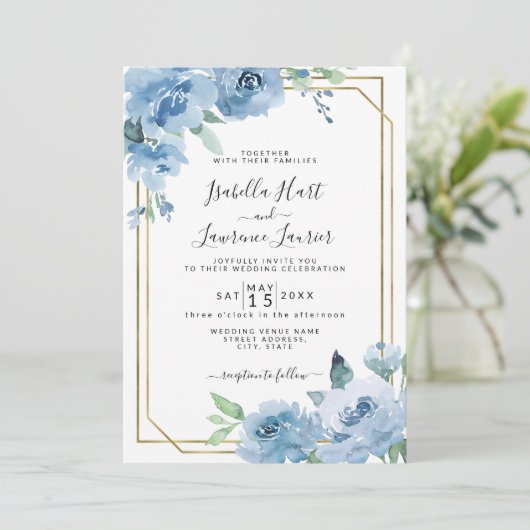 Light Baby Blue Floral Waterverf Gold Wedding Kaart (Staand voorkant)