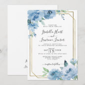Light Baby Blue Floral Waterverf Gold Wedding Kaart (Voorkant / Achterkant)