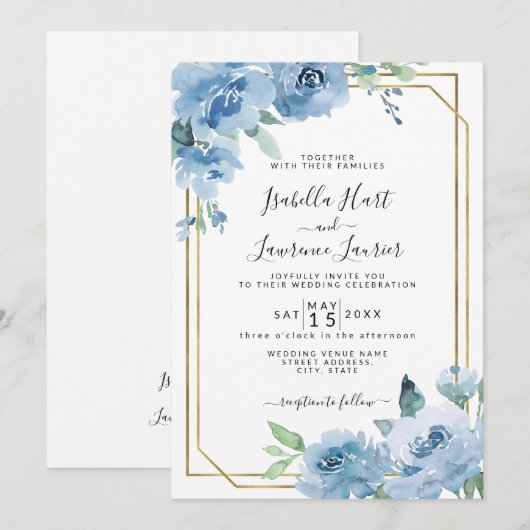 Light Baby Blue Floral Waterverf Gold Wedding Kaart (Voorkant / Achterkant)