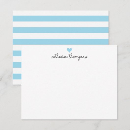 Light Baby Blue Heart Feminine Script Girly Stripe Notitiekaartje (Voorkant / Achterkant)