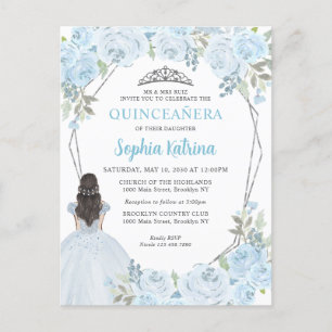 Light Baby Blue Silver Floral Princess Quinceañera Briefkaart