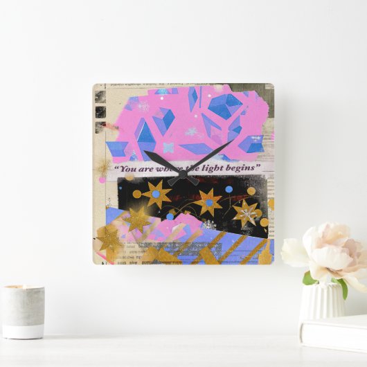 Light Begins Gem Clock – Square Pink & Gold Art Vierkante Klok (Huis)