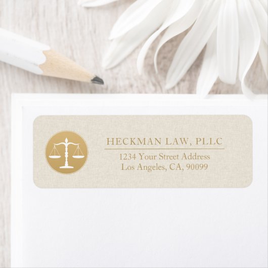 Light Beige Linen Gold Justice Logo Business Card Etiket (Insitu)