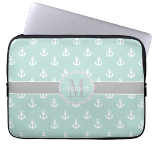Light Blauwgroen Grey Moroccan Quatrefoil Monogram Laptop Sleeve