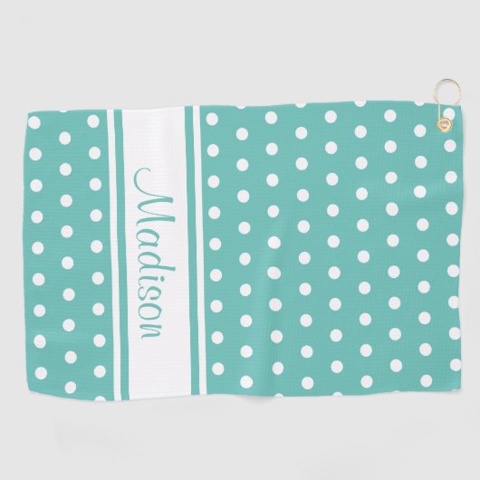 Light Blauwgroen White Polka Dot Stripe Script Nam Golfhanddoek (Horizontaal)