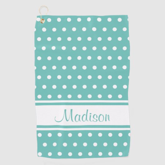 Light Blauwgroen White Polka Dot Stripe Script Nam Golfhanddoek (Voorkant)