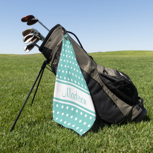 Light Blauwgroen White Polka Dot Stripe Script Nam Golfhanddoek (Groen)