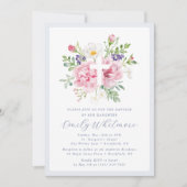 Light Blue and Pink Floral Cross Baptism  Kaart (Voorkant)