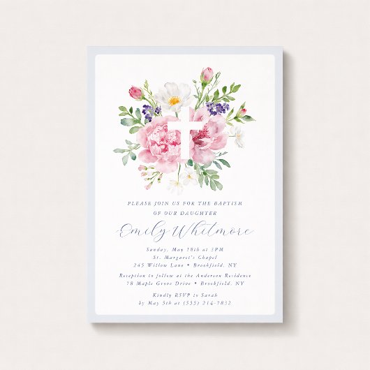 Light Blue and Pink Floral Cross Baptism  Kaart