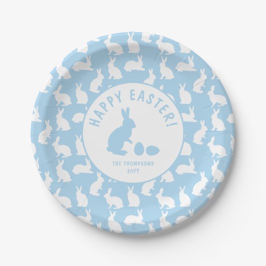 Light Blue And White Bunny Pattern Happy Easter Papieren Bordje (Voorkant)