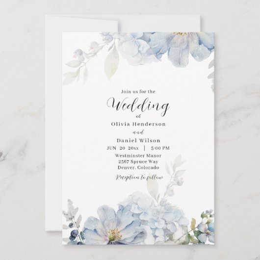 Light Blue and White Floral Wedding Kaart (Voorkant)