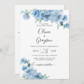 Light Blue Baby Blue Floral QR in één bruiloft Kaart (Voorkant / Achterkant)