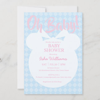 Light Blue Bear Pink Oh Baby Shower Invitation Kaart