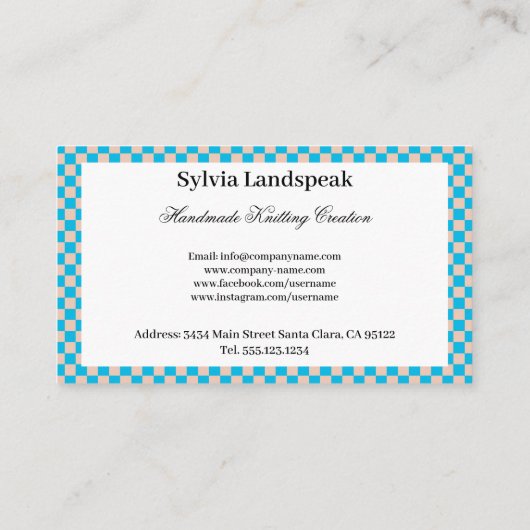 Light Blue & Beige Checks Pattern & Knitting Visitekaartje (Achterkant)
