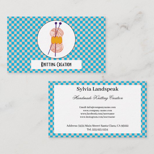 Light Blue & Beige Checks Pattern & Knitting Visitekaartje (Voorkant / Achterkant)