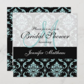 Light Blue Black Damask Bridal Shower-uitnodiging Kaart (Voorkant / Achterkant)