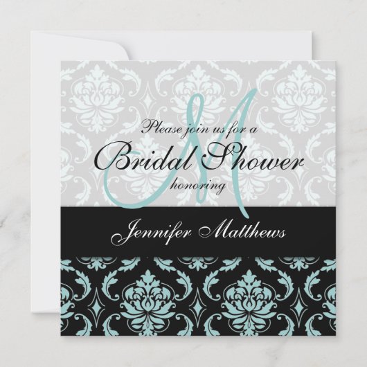 Light Blue Black Damask Bridal Shower-uitnodiging Kaart (Voorkant)