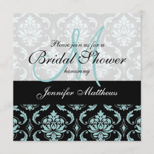 Light Blue Black Damask Bridal Shower-uitnodiging Kaart