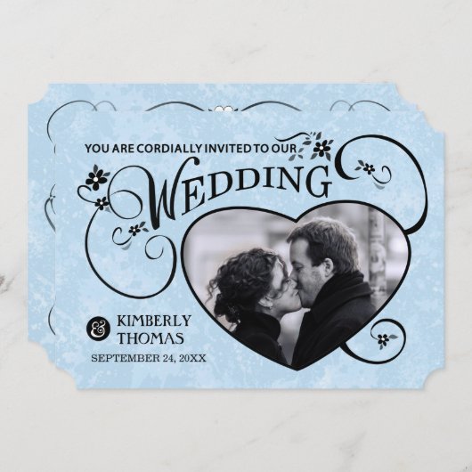 Light Blue & Black Heart Photo Weddenschap Kaart (Voorkant / Achterkant)