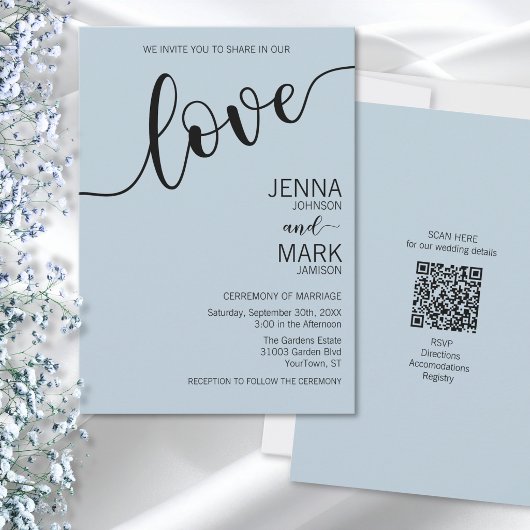 Light Blue Black Love Script Minimalist Wedding Kaart
